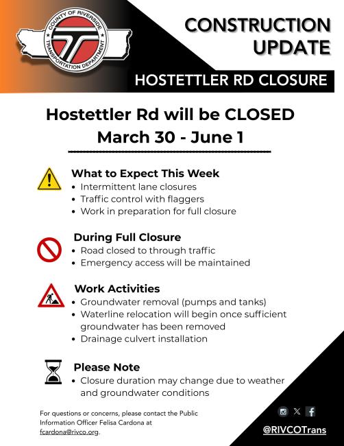 Hostettler Road Closure Notice