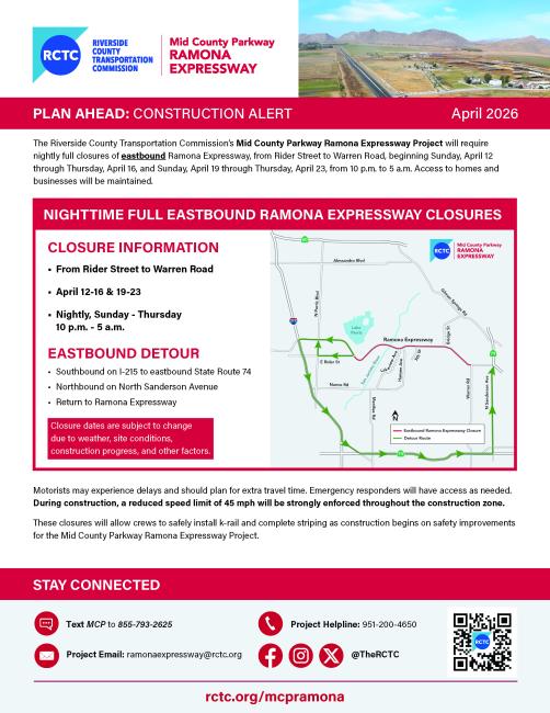 Map showing nighttime full eastbound Ramona Expressway closures from Rider Street to Warren Road with detour routes highlighted for April 12-16 and 19-23, 10 p.m. to 5 a.m.