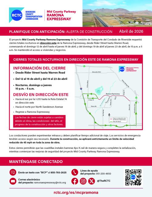 Map showing nighttime full eastbound Ramona Expressway closures from Rider Street to Warren Road with detour routes highlighted for April 12-16 and 19-23, 10 p.m. to 5 a.m.