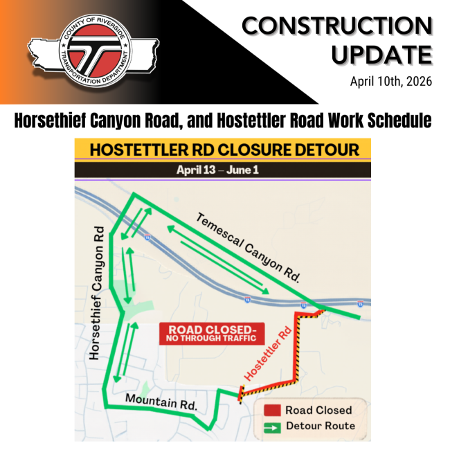 Map showing Hostettler Road closure with detour via Horsethief Canyon and Mountain Road from April 13 to June 1, 2026.