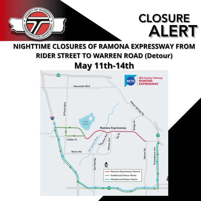 Map notice showing nighttime closure of Ramona Expressway between Rider St and Warren Rd, with red closure segment and green/blue detour routes. Nearby streets and Lake Perris labeled.