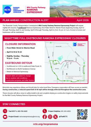 Map showing nighttime full eastbound Ramona Expressway closures from Rider Street to Warren Road with detour routes highlighted for April 12-16 and 19-23, 10 p.m. to 5 a.m.