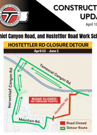Map showing Hostettler Road closure with detour via Horsethief Canyon and Mountain Road from April 13 to June 1, 2026.