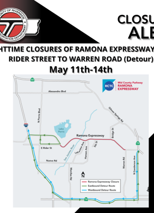 Map notice showing nighttime closure of Ramona Expressway between Rider St and Warren Rd, with red closure segment and green/blue detour routes. Nearby streets and Lake Perris labeled.